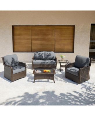 5-Piece Outdoor Wicker Patio Furniture Set with 2 Swivel Chairs, 1 Loveseat and 2 Tables, Rattan Conversation Set with Cushions