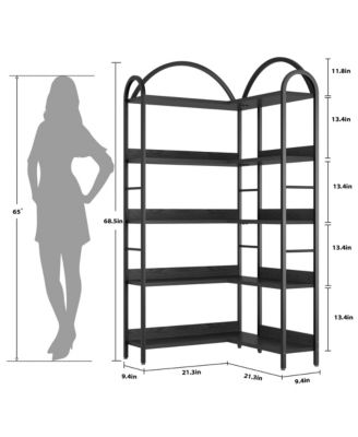 5-Tier l-Shaped Corner Bookshelf, Modern Industrial Bookcase with Arched Metal Frame, Open Wood-Metal Storage Shelves