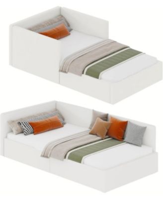 Twin daybed with headboard, Corner Bed Frame with Bed Rails, Velvet Upholstered Sofa Bed with Guardrail for Bedroom, Guest Room