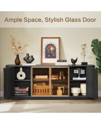 64-Inch Wavy TV Cabinet - Wooden Vertical Stripe Storage Cabinet with Glass Doors and LED Lights, Modern Fluted TV Stand for Living Room