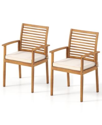 Set of 2 Acacia Wood Patio Dining Chairs with Slatted Backrest and Cushions