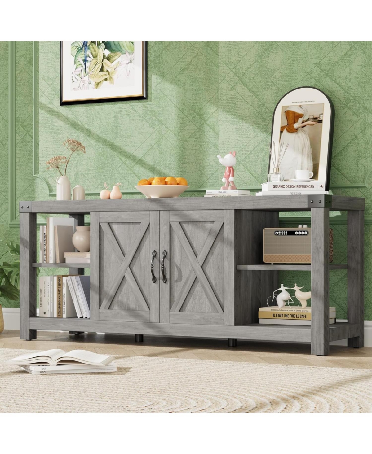 gaomon Tv Stand for 65 Inch Tv, 60 Inch Entertainment Center with Storage, Farmhouse Tv Console Table with Shelves,Doors, Modern Tv Stand - Grey b