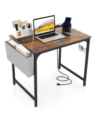 Compact Home Office Desk with Built-In Charging Station, Storage Bag and Headphone Hook