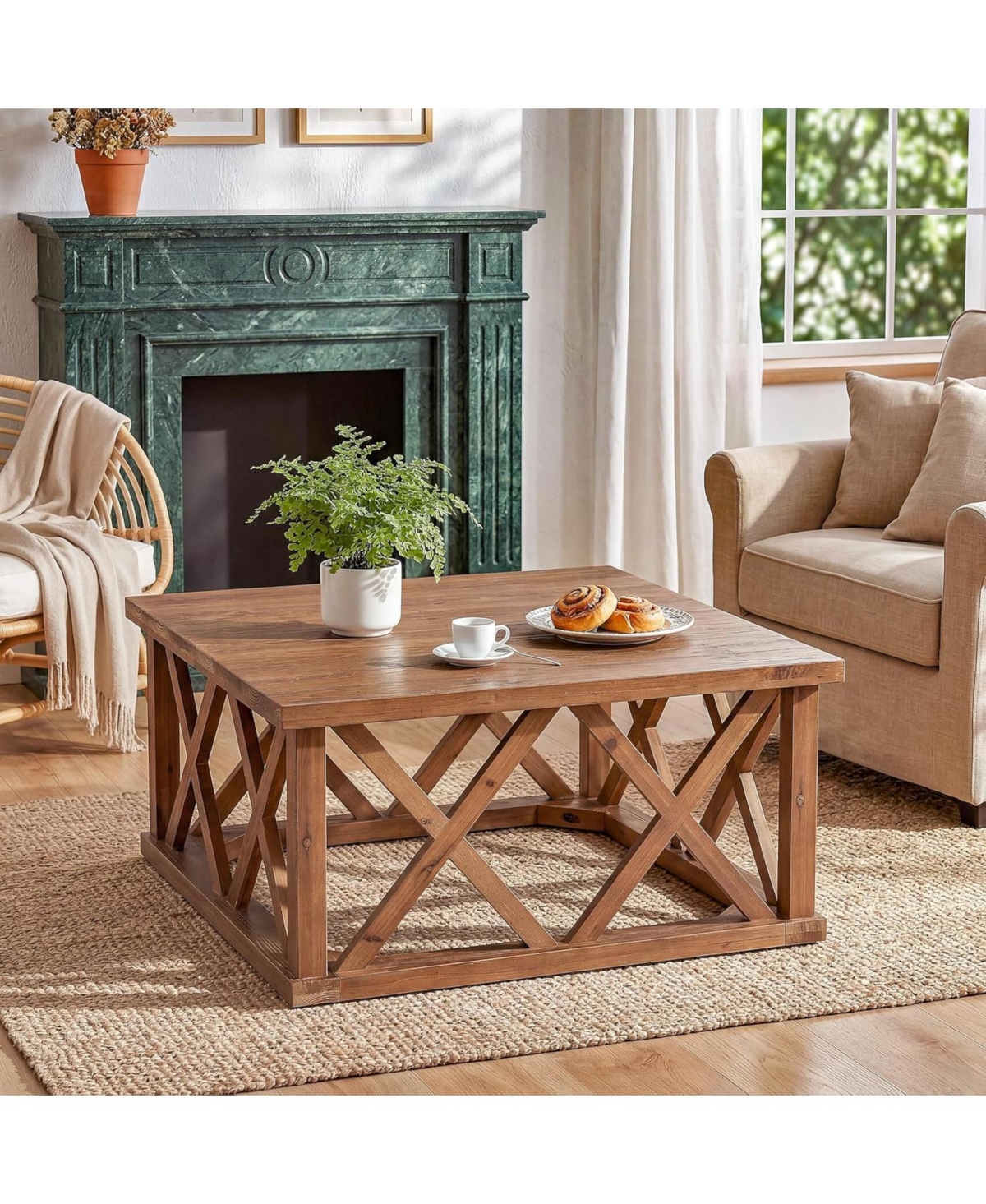 Tribesigns 39.37'' Solid Wood Coffee Table with Reinforced X-Frame, Farmhouse Square Coffee Table