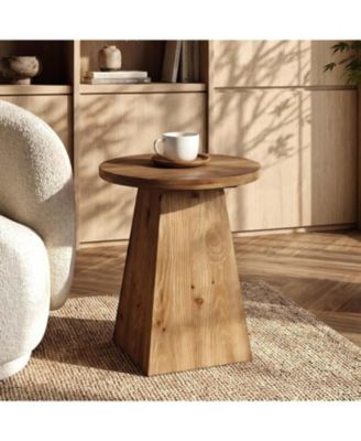 Solid Wood End Table, 19" Round Side Table with Trapezoid Base for Small Spaces, Living Room, Easy Assembly