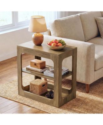 End Table with Storage Shelves, 3-Tier Side Table with Sturdy Base, Farmhouse Wooden Bedside Nightstand