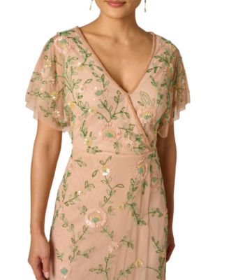 Women's Bead Flutter-Sleeve Midi Mesh Dress