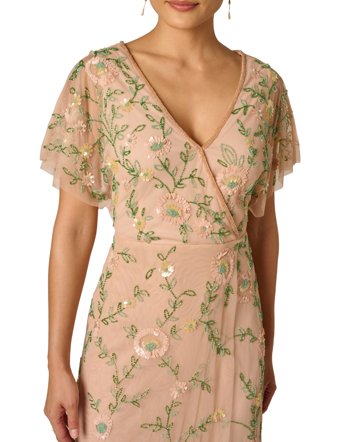 Adrianna Papell Women's Bead Flutter-Sleeve Midi Mesh Dress
