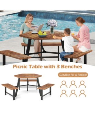6-Person Acacia Wood Picnic Table and 3-Bench Set with Umbrella Hole