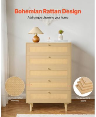5 Drawer Rattan Dresser, Modern Closet Chest with Metal Handles, Wood Legs