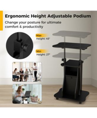 Mobile Standing Desk Cart with Adjustable Tilt Desktop, Cabinet and Open Shelves