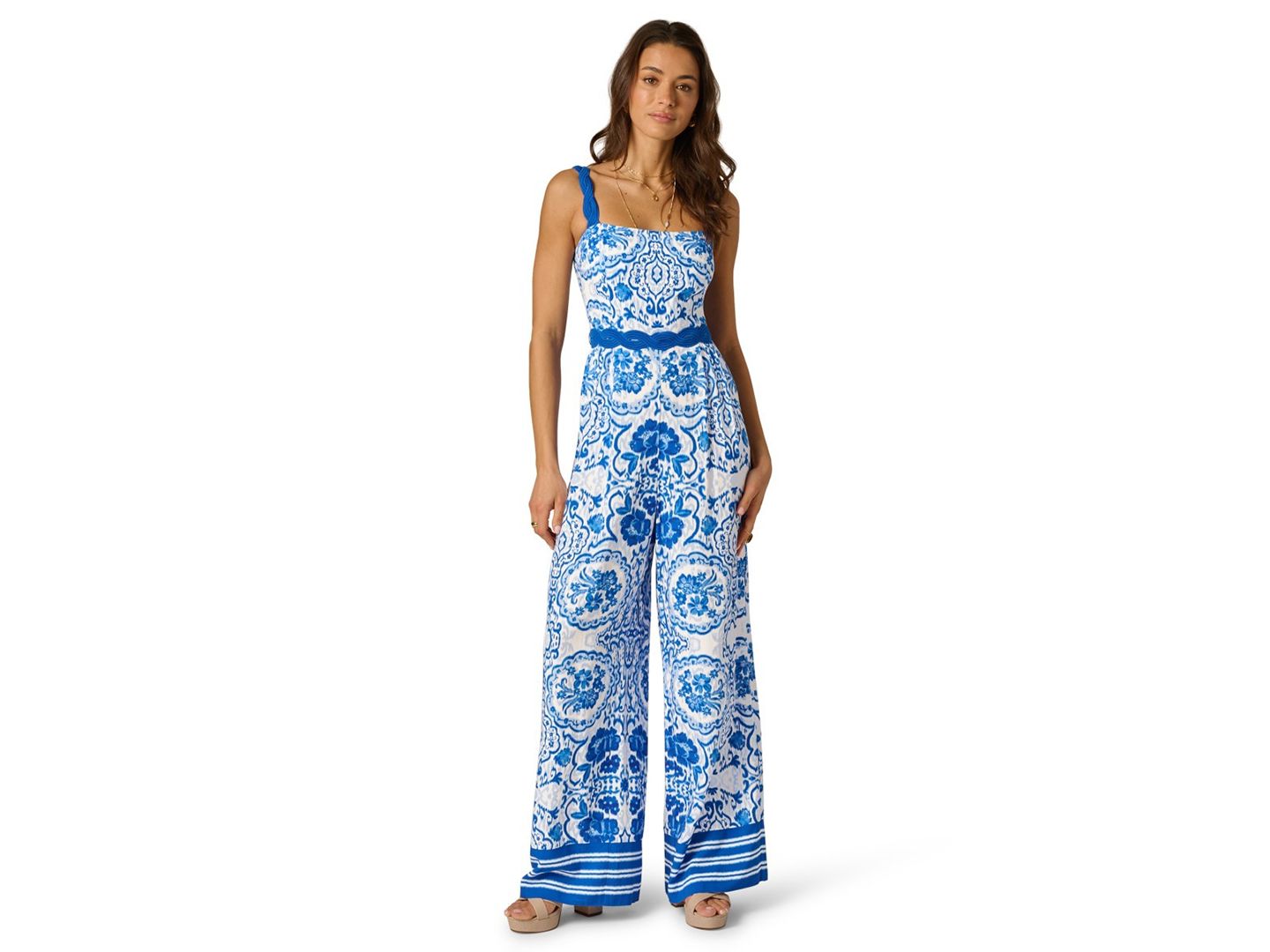 Женский комбинезон Adrianna Printed Square Neck Jumpsuit, цвет: Синий / Белый — фото 1