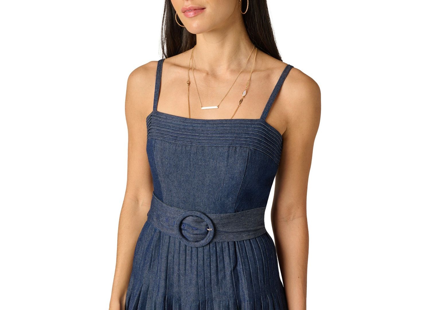 Women's Pintucked Square Neck Cotton Denim Midi Dress