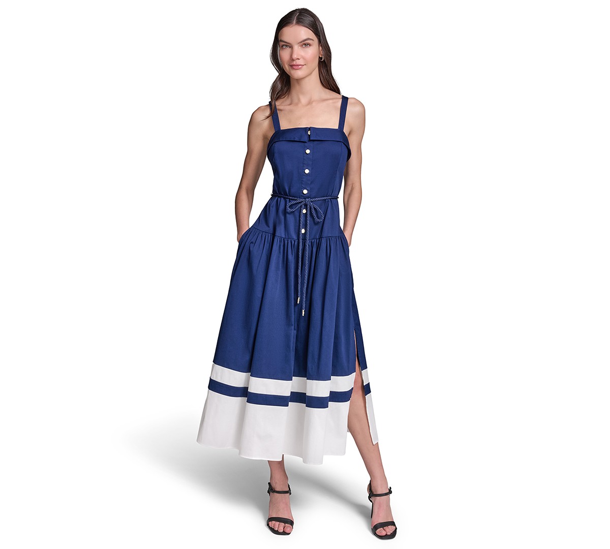 Женские платья KARL LAGERFELD PARIS Women's Cotton Midi with Contrast Border & Rope Tie Belt Dress — фото 1