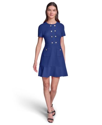 Women's Short-Sleeve Scuba Crepe with Flounce Hem and Button Dress