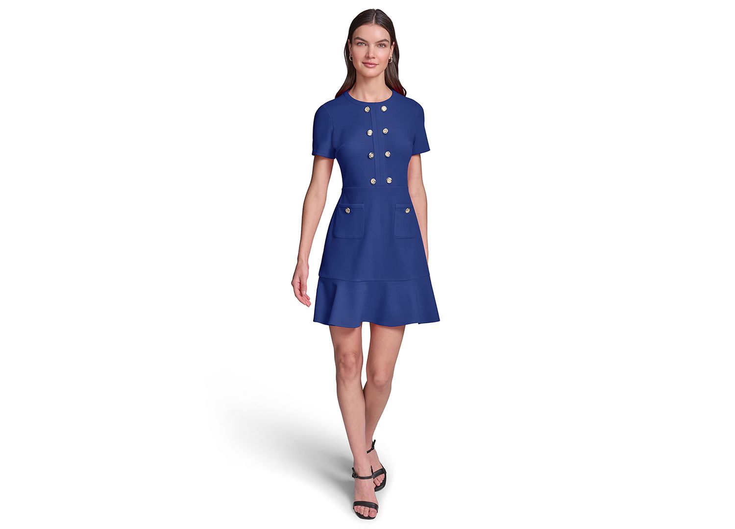 Women's Short-Sleeve Scuba Crepe with Flounce Hem and Button Dress