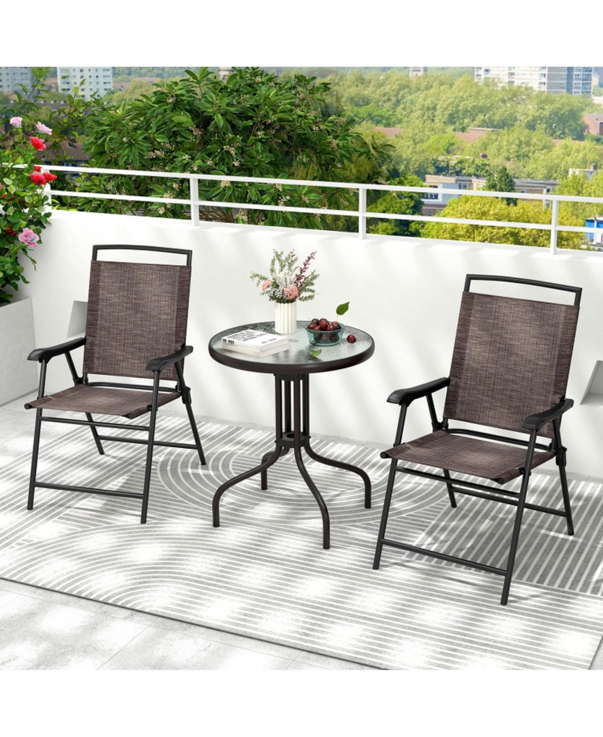 Gouun 3-Piece Patio Bistro Set with Round Tempered Glass Table and Folding Chairs