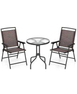 3-Piece Patio Bistro Set with Round Tempered Glass Table and Folding Chairs
