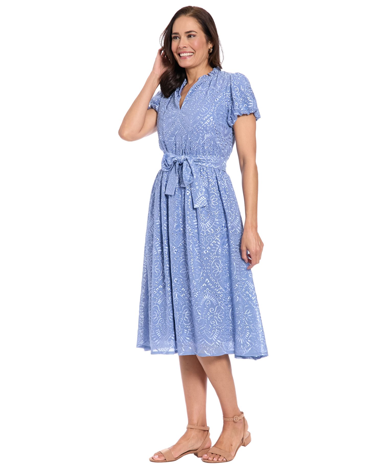 Petite Ruffle Neck Bubble-Sleeve Elastic Waistband Midi Dress