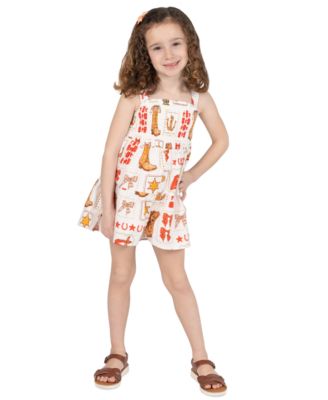Rare Editions Girls' 2T-6X Western Printed Woven Romper Dress with Smocking