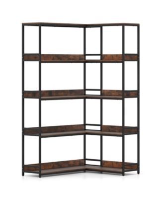 5-Tier L-Shaped Corner Bookshelf with Metal Frame, 43.5 x 35 x 71