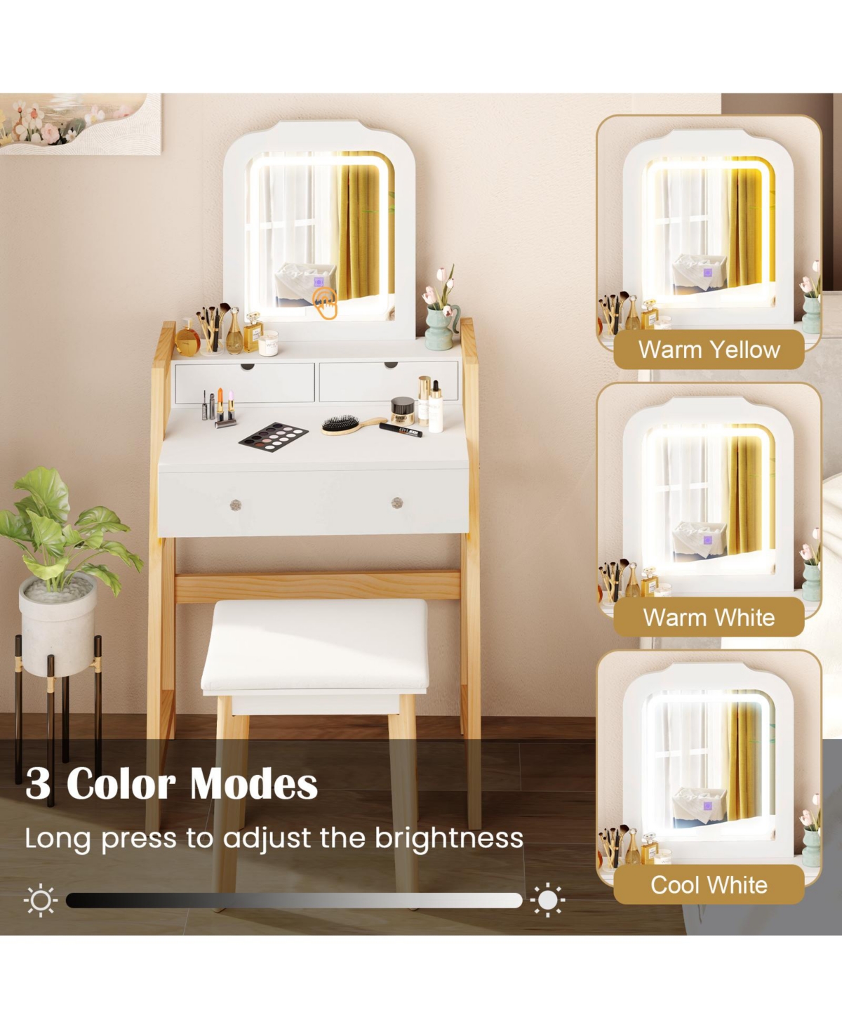 Sugift Adjustable Height Vanity Desk Set with 3-Color Led Lighted Mirror and Drawers