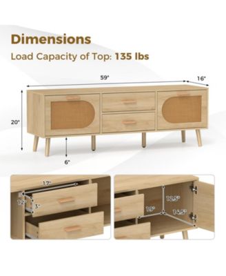 Rattan TV Stand for 65-Inch TV with Drawers and Solid Wood Legs
