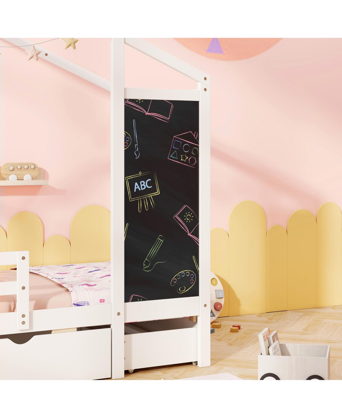 Sugift Kids Twin Bed with Storage Drawers Solid Wood Blackboard Headboard