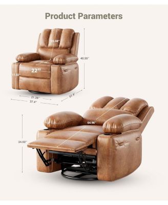 22" Rocker Recliner Chair, Lazy Boy Recliner Chair with 1.5X Sponge Filling, PU Leather Swivel Recliner with Side Pockets and Cup Holders