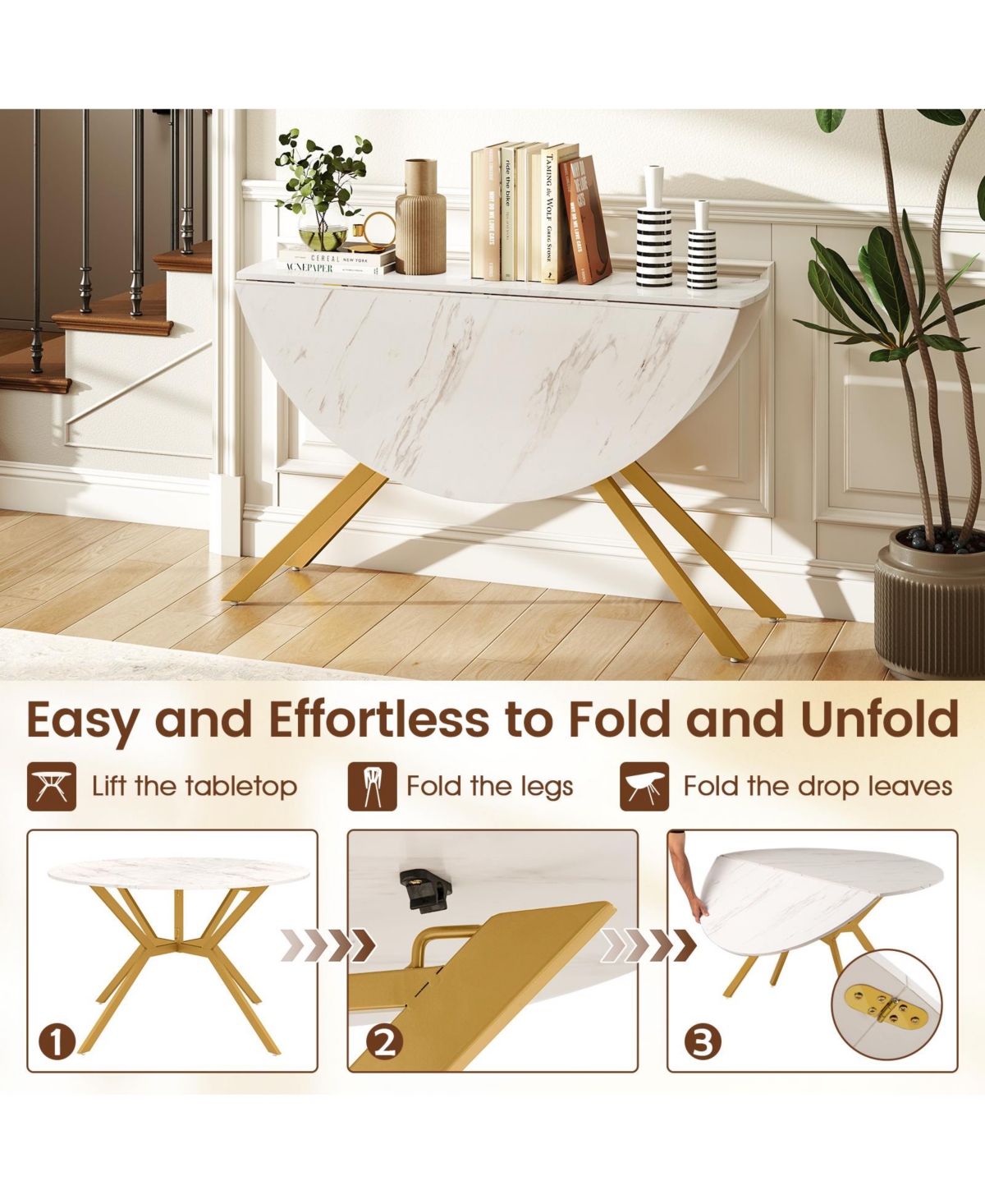 Sugift 47 in Folding Round Dining Table with Drop Leaf Extension