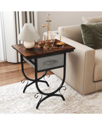 Side Table with Fabric Drawer and Carved Metal Frame for Living Room