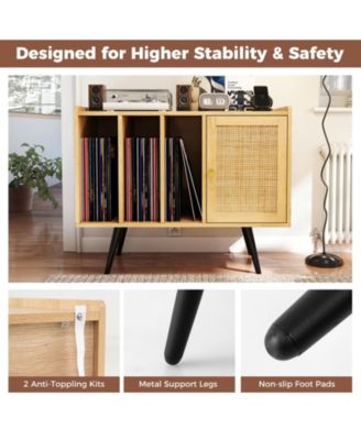 Record Player Stand with Charging Station and Rattan Cabinet for Living Room