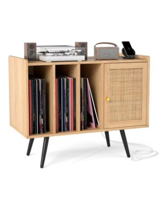 Record Player Stand with Charging Station and Rattan Cabinet for Living Room