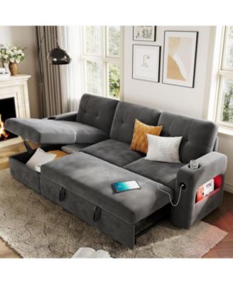 84" Sleeper Sofa with Storage and Charging Station, Convertible Sectional Couch Bed with LED Lights, Reversible Chaise, Pull Out Sofa Bed