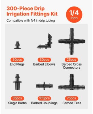 Drip Irrigation Fittings Kit, 300 Pcs, for 1/4" Tubing, for Yard and Garden