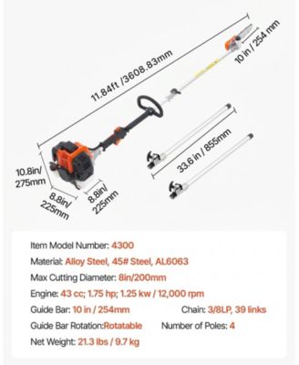 Gas Pole Saw, 43CC, 10" Cutting Bar, Extendable for Tree Trimming, Pruning