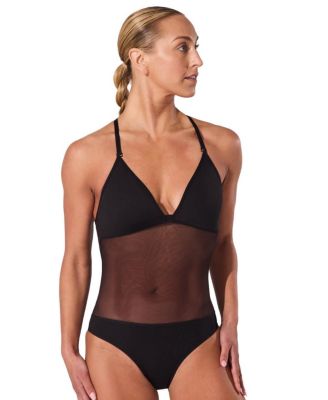 Plunge Neck Mesh Midriff Leotard