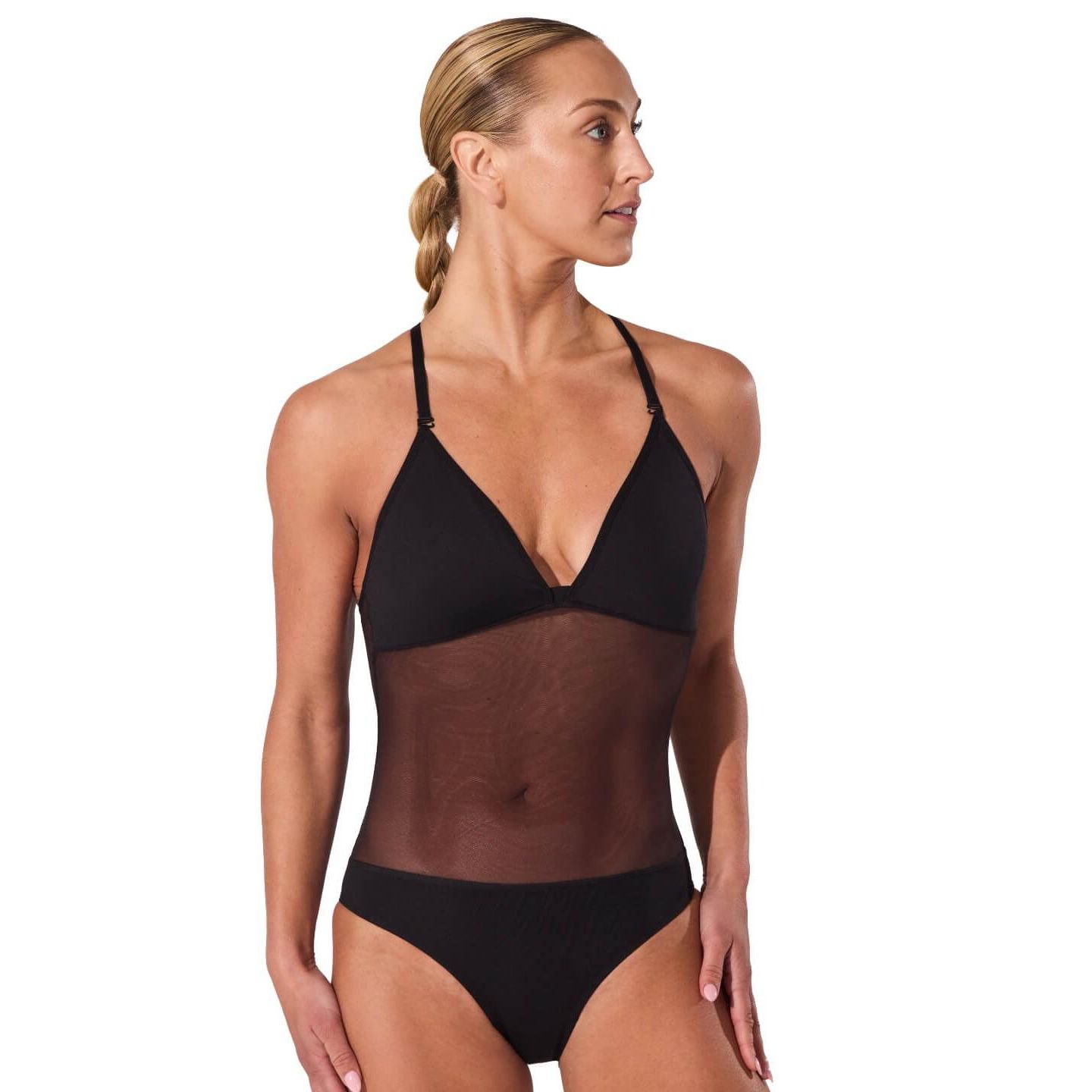 Женский топ Capezio Plunge Neck Mesh Midriff Leotard, цвет: Чёрный — фото 4