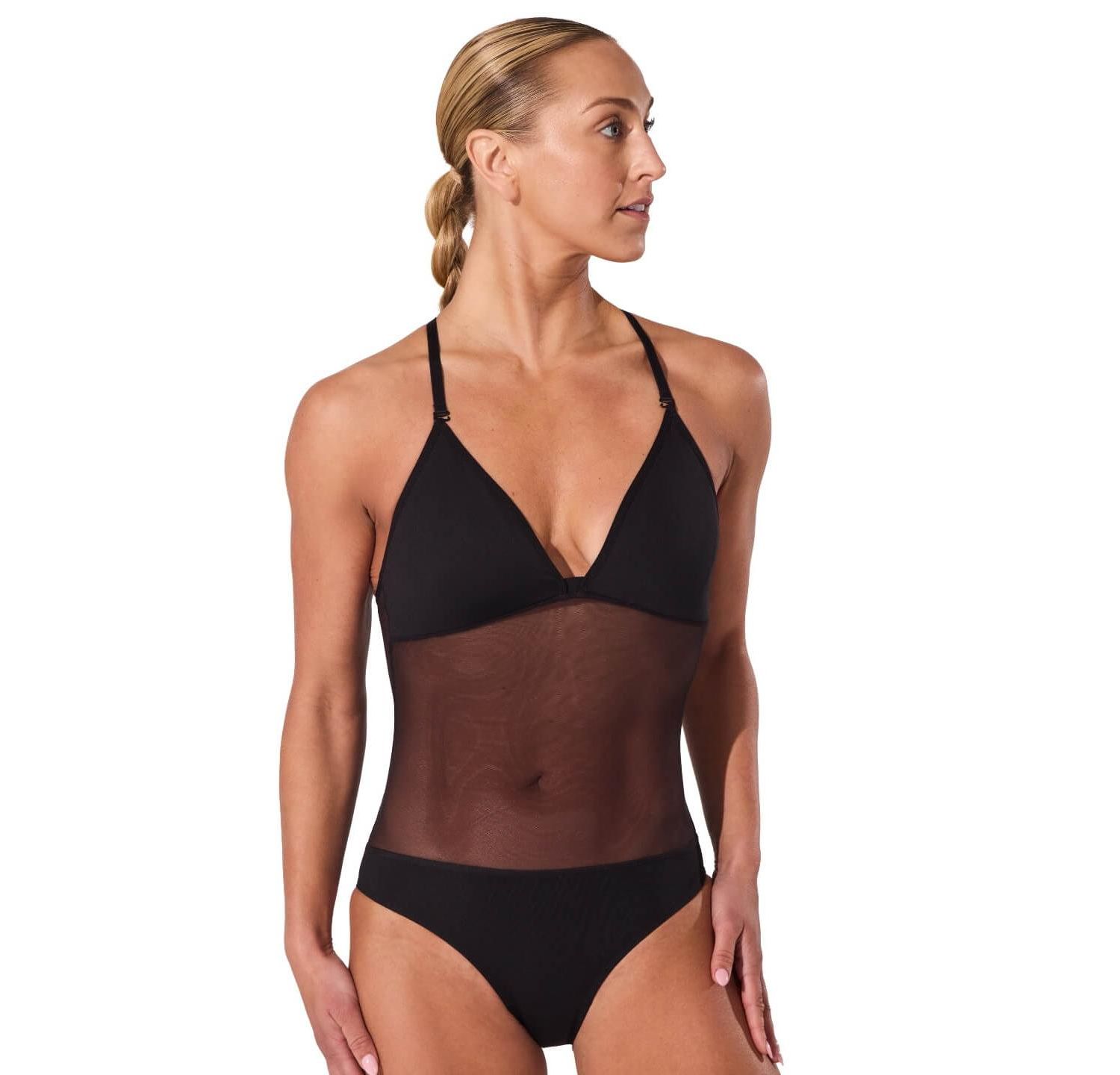 Plunge Neck Mesh Midriff Leotard