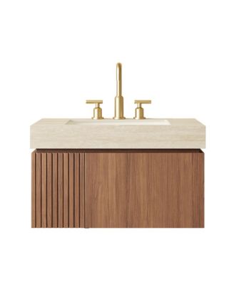 30 Inch Floating Bathroom Vanity with Sink Plywood Cabinet Roma Travertine Stone Top Ceramic Basin 3 Pre Drilled Holes Brown Oak