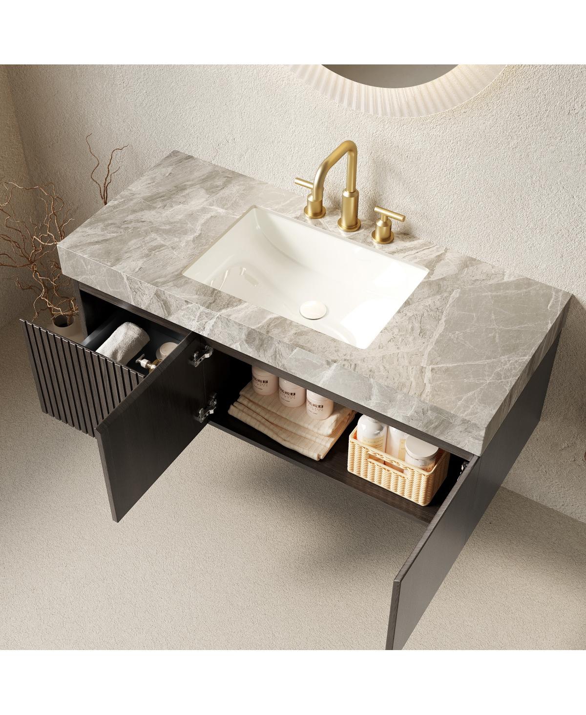 Sillysis Floating Bathroom Vanity with Italian Sintered Stone Top, Plywood Cabinet, 3 Hole Ceramic Sink, Soft Close Storage