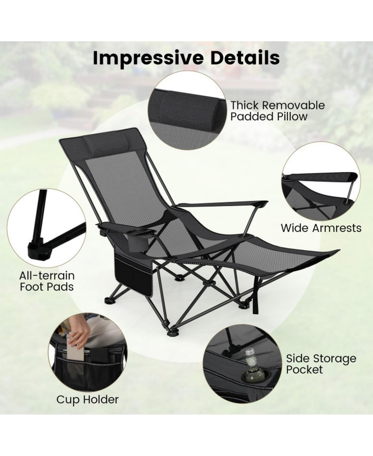 Gouun Reclining Camping Chair with Removable Footrest and 4-Position Backrest