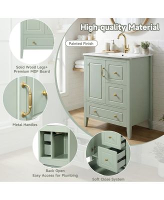 24" Light Green Bathroom Vanity with Ceramic Sink, Freestanding Retro MDF Cabinet, Soft-Close Drawers, Ample Storage for Small Spaces