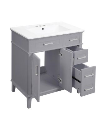 30 Inch Modern Bathroom Vanity with Ceramic Sink, Solid Wood MDF Freestanding Cabinet, Soft Close Drawers for Small Spaces