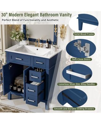 30 Inch Modern Bathroom Vanity with Ceramic Sink, Solid Wood MDF Freestanding Cabinet, Soft Close Drawers for Small Spaces