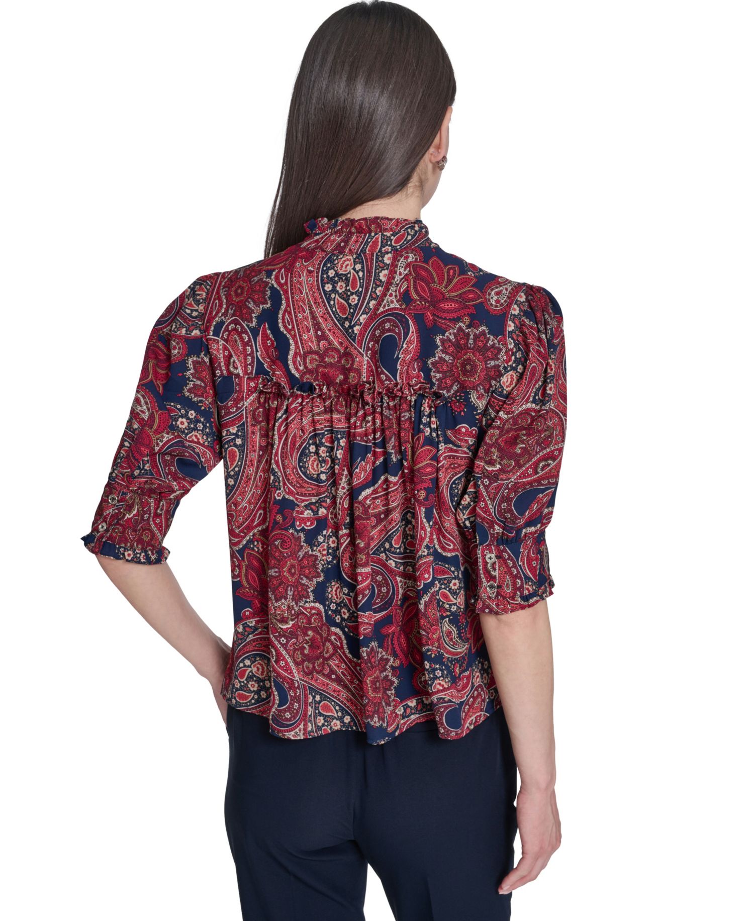 Women's Paisley Print Ruffle Neck Button Up Blouse