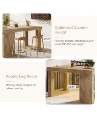 Wooden Farmhouse Bar Table, 55" Large Counter Height Table with Storage Shelves, Modern Home Bar Furniture