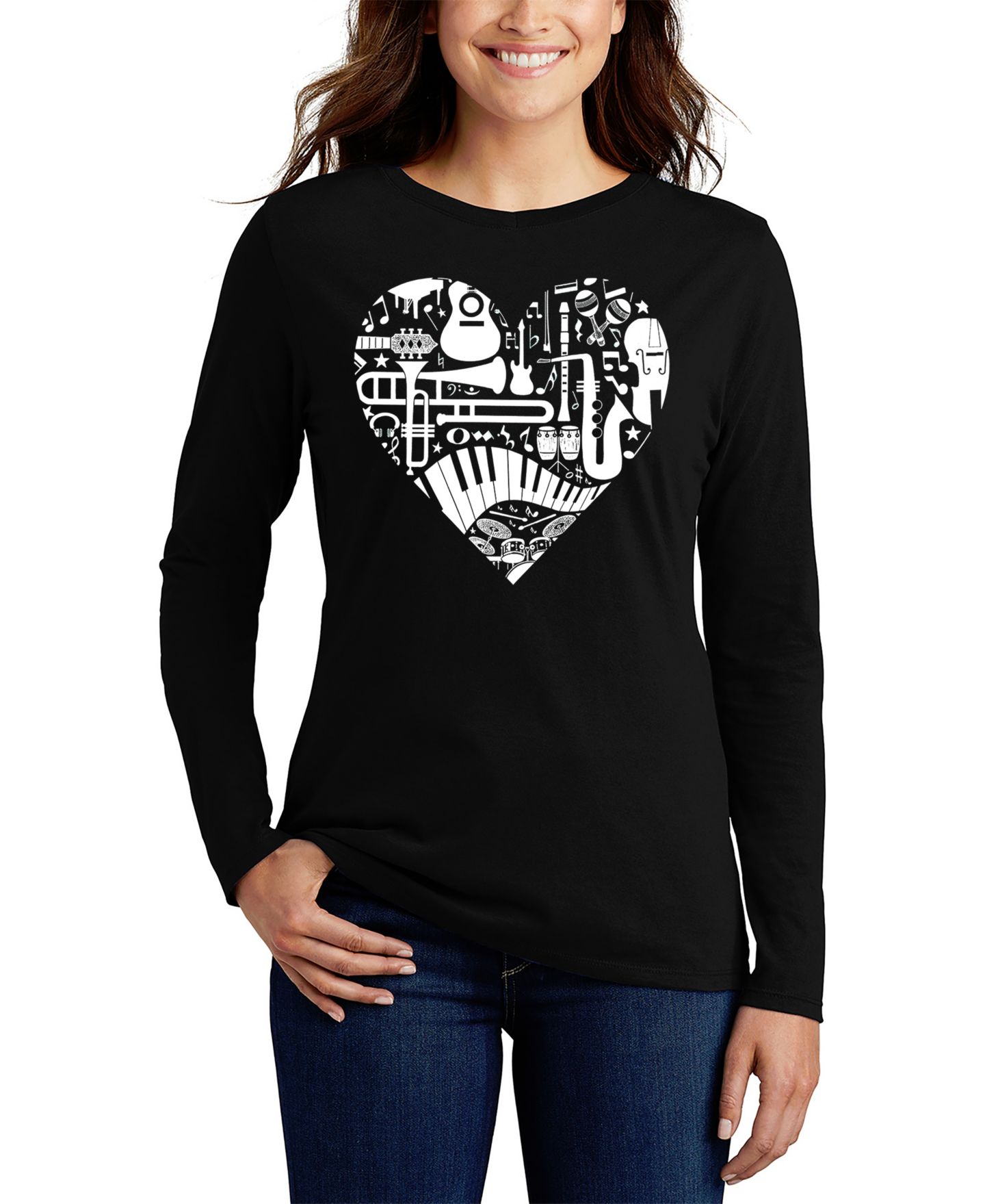 Женская футболка LA Pop Art Musical Instrument Heart Word Art Flowy, цвет: Чёрный — фото 1
