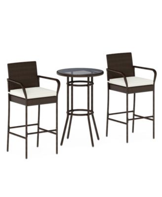 Patio Rattan Bar Height Table and Chairs with 2 Seat Cushions for Porch
