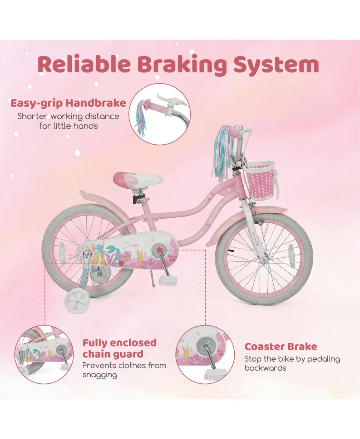 Slickblue Adjustable Kids Bike with Front Basket and Streamers